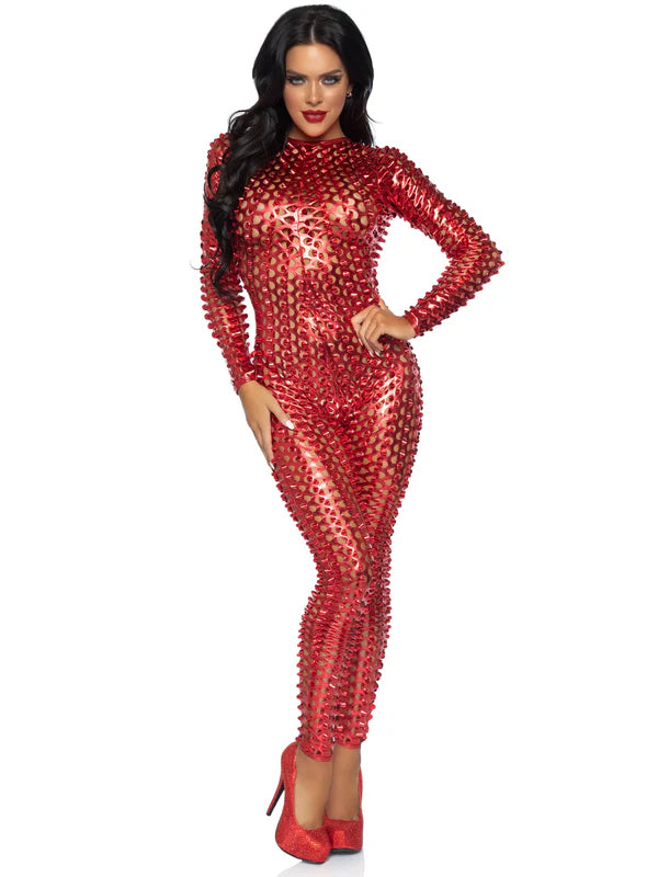 Disfraz catsuit metálico rojo